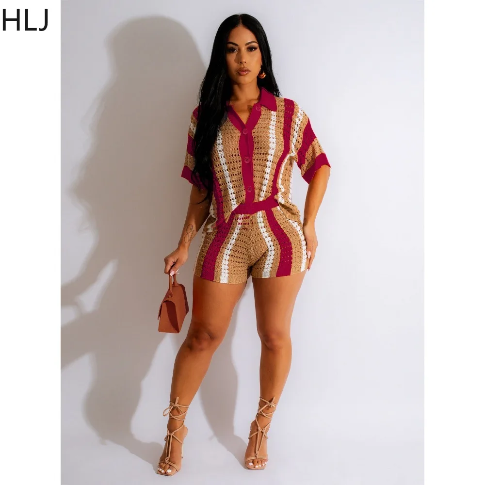 HLJ Fashion Hollow Striped Knitting Two Piece Sets Women V Neck Short Sleeve Button Top And Shorts Outfit Female 2pcs Streetwear