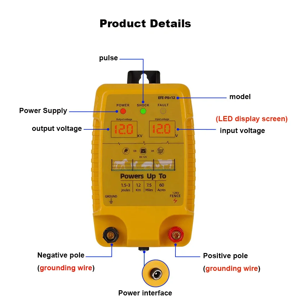 12KM Electric Fence Dual Display 1.5-3 Joules Sheep Cattle Horse Poultry Dog 12V Energy Controller Tool For Animal Captivity
