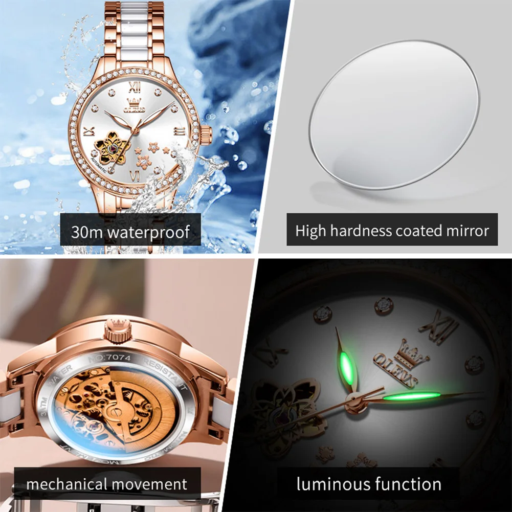 OLEVS 7074 Automatic Mechanical Watch For Woman Elegant Ceramics Steel Strap Hollow Flower Diamond Bezel Luxury Women's Watches