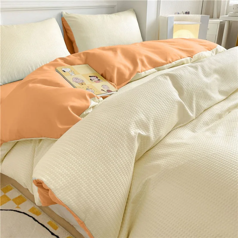 

Simple Washed Cotton Four-piece Set Of Solid Color Cut Waffle Three-piece Set Of Sanded Bed Sheet Bedding Bed Hat