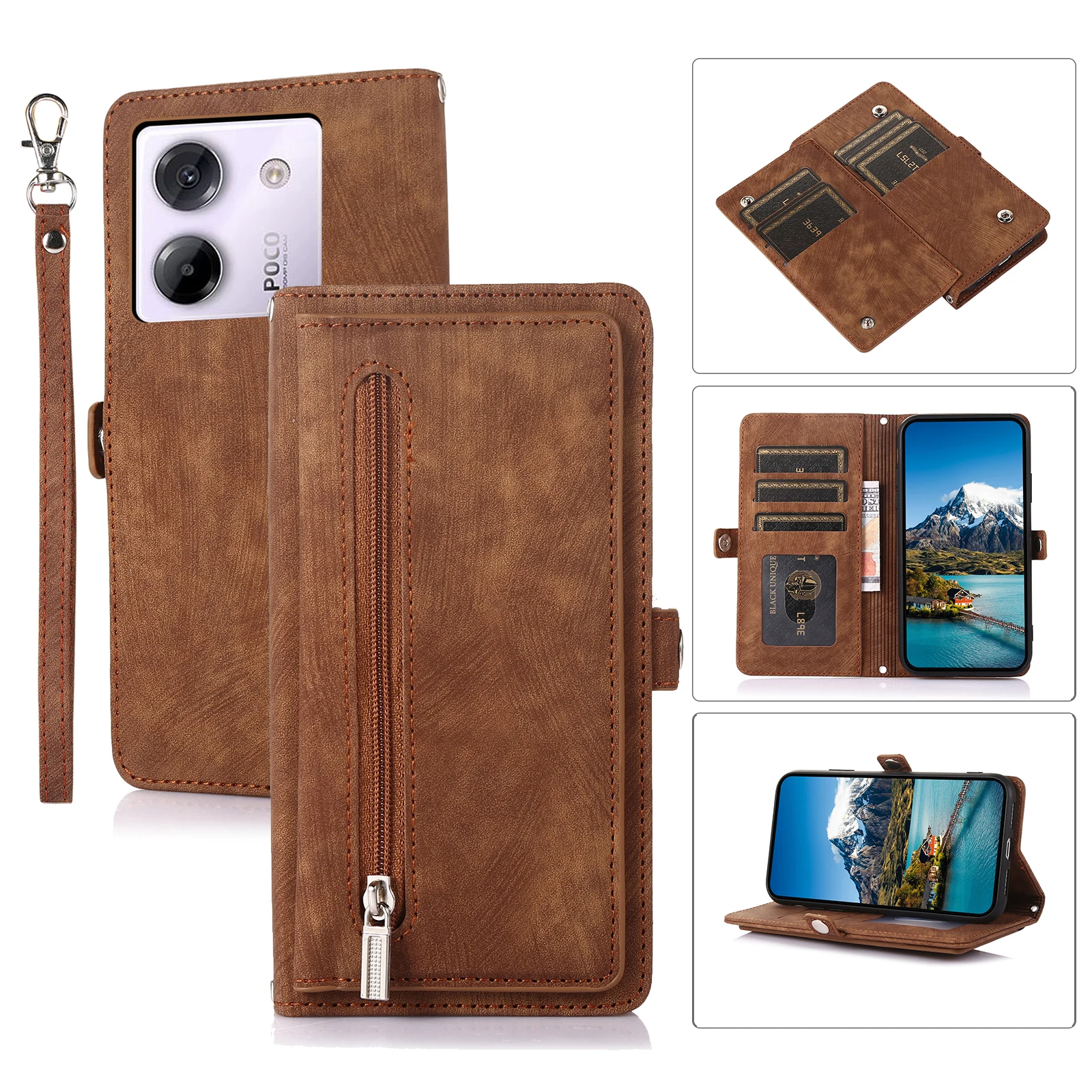 Leather Lanyard Wallet Phone Case with Card and Cash Holder