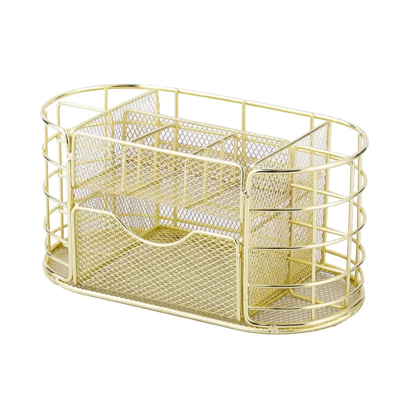 Exquisite Gold Rose Gold Mesh Pen Holder Decorative Iron Stationery Holder Multiple Compartments Desktop Organizer