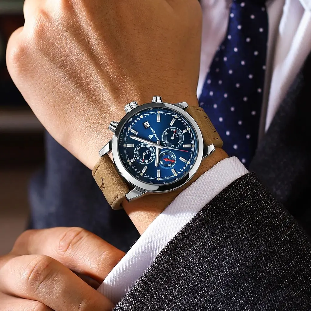 POEDAGAR Funktionale Herren-Armbanduhr mit Datum, wasserdicht, leuchtend, Chronograph, Leder, Quarz, Militäruhr + Geschenkbox_voghion.com