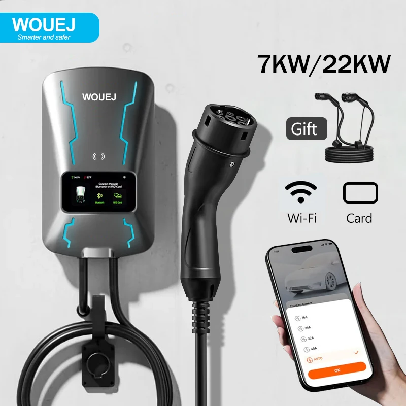 Wouej Caricabatteria Per Auto Elettrica Domestica Wallbox 22Kw 32A Cavo Trifase Di Tipo 2 Con Controllo Della Scheda App Wi-Fi Scatola Di Ricarica Evs