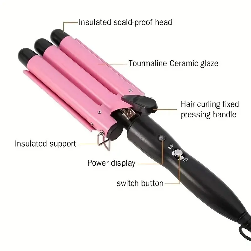 Curling Stick Pink 3 Barrel Hair Crimpers Professional Ceramic Triple Barrel Styler