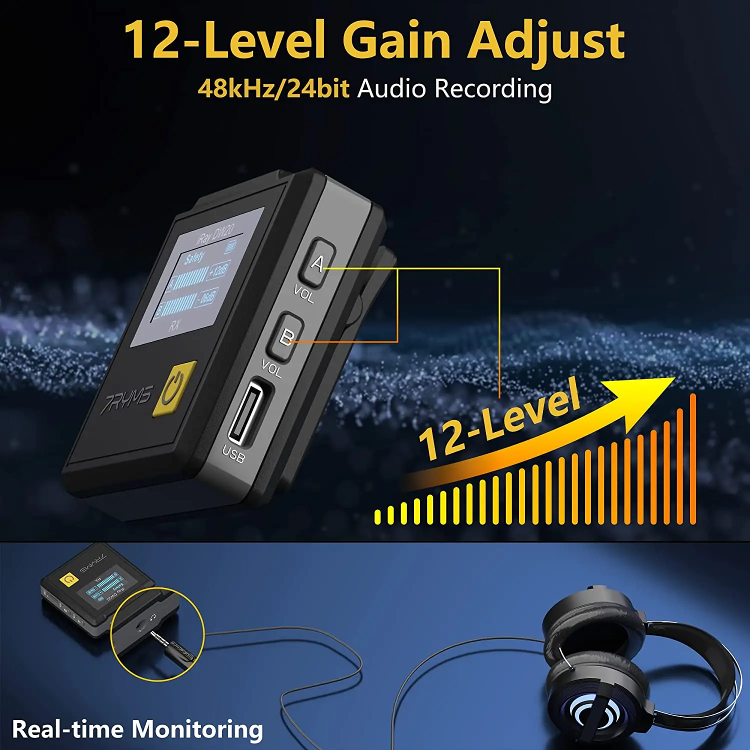7RYMS iRAY DW20 PRO 2.4G Dual Wireless Lapel Microphone with Charging Case for C