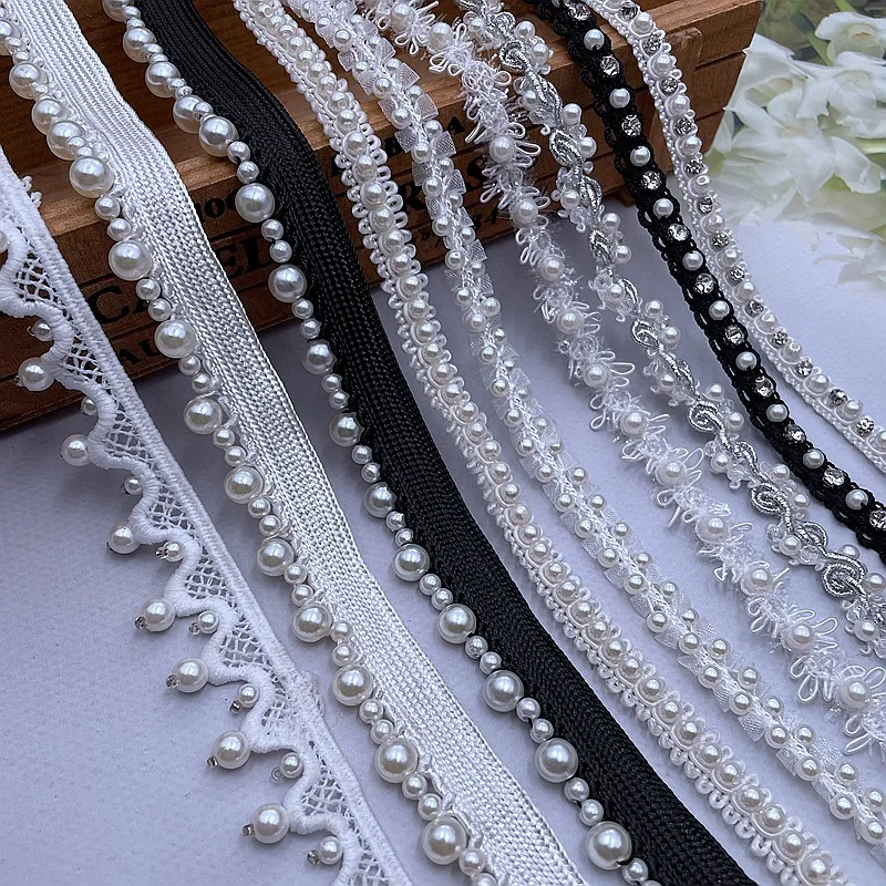 10yardslotWhiteblackPearlBeadedLaceRibbonTrimHandmadeDIY