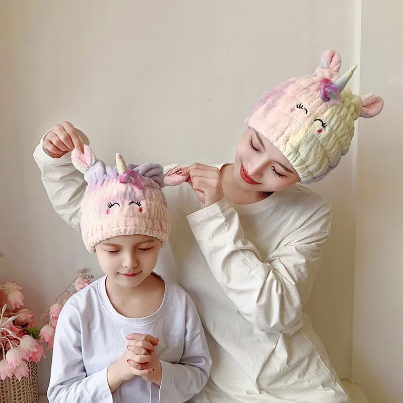 Animal Hair Dry Hat Towel Cute Animal Hair Dry Hat Towel Quick Dry Shower Cap Strong Absorbing Drying Soft Cartoon Duck Rabbit Unicorn Children Hair Hat