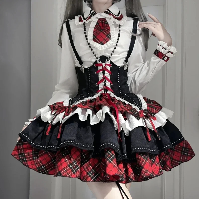 Vestido Lolita gótico vitoriano para mulheres, estilo punk, gravata xadrez, princesa bandagem, moda Harajuku, festa à noite, Y2K