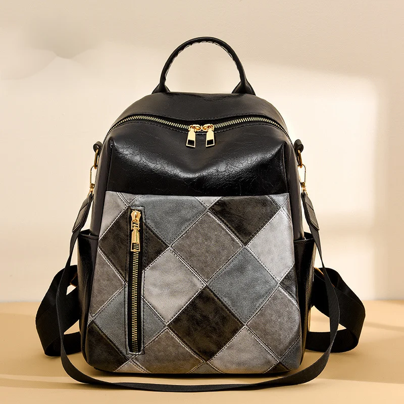 Women's New European And American Retro Women's Backpack PU Soft Leather Fashionable Diamond Grid Multifunctional Travel Backpack_voghion.com