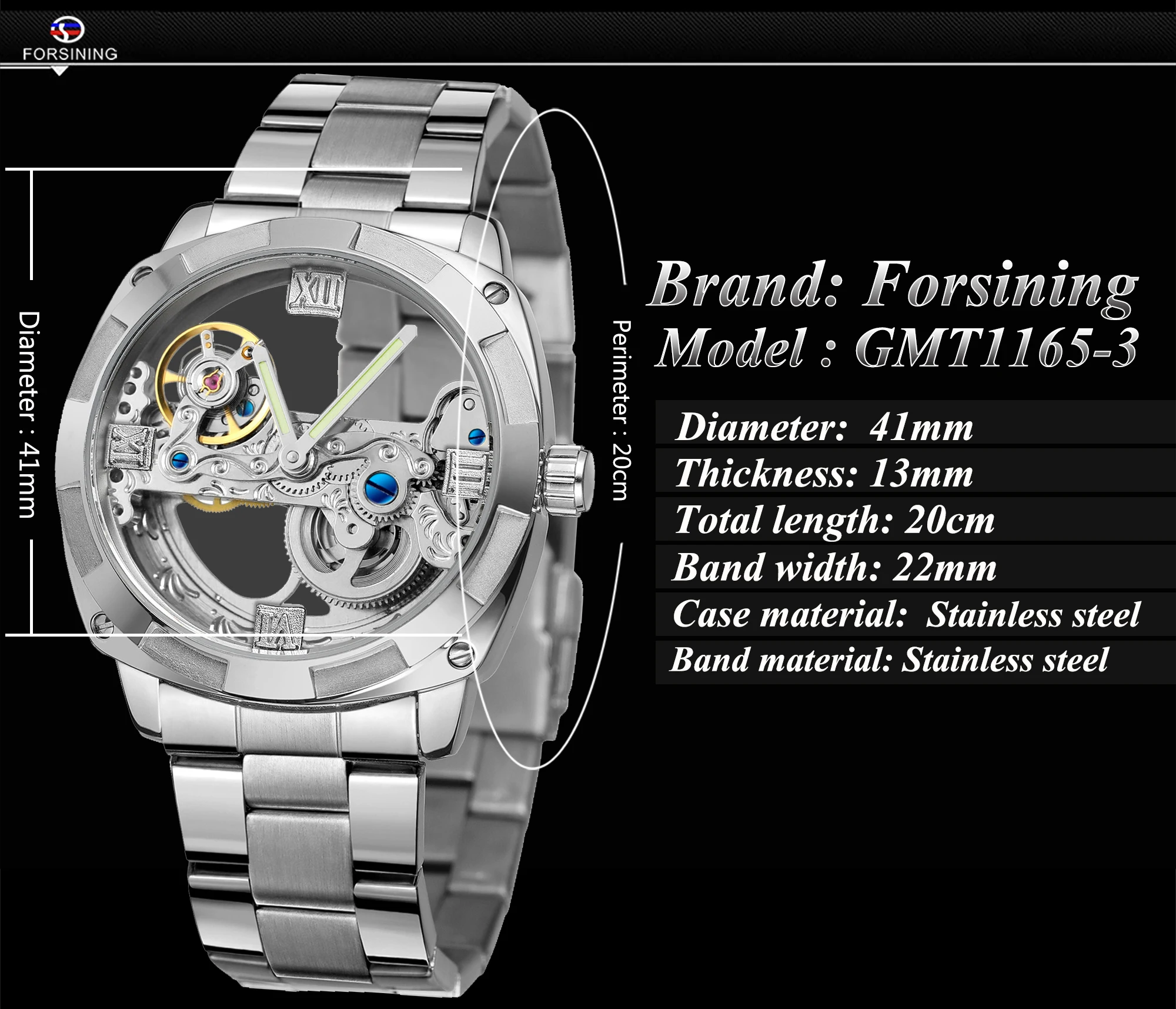 Mechanical Watch Forsining Men Transparent Design Mechanical Watch Automatic Silver Square Golden Gear Skeleton Stainless Steel Belts Clock Saati Mechanical Watch