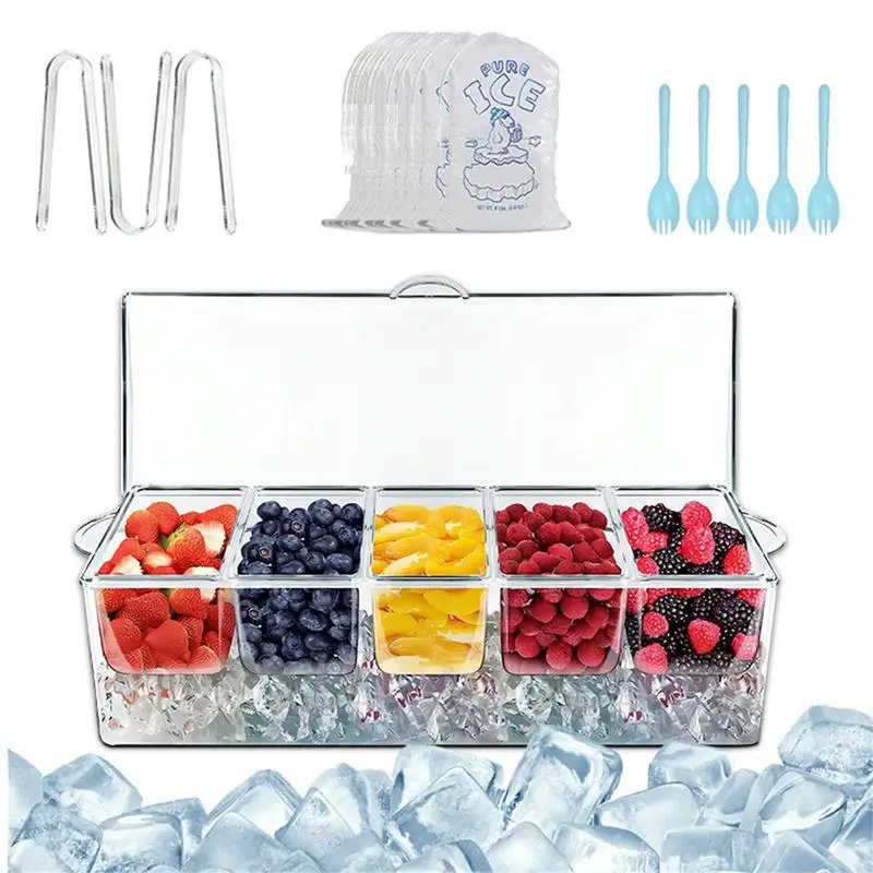 

5 Compartment Clear Party Platter Fridge Kicthen Tray With Flipover Lid Keep Cold Serving Dishes For Veggie Fruits Appetizer