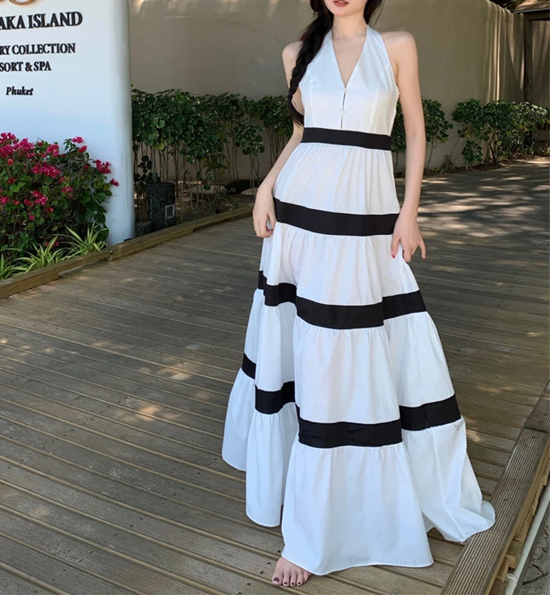 

Summer Dress Women Light Luxury French Design Black White Striped Hanging Neck Dress Boho Sexy Holiday Beach Backless Long Dress
