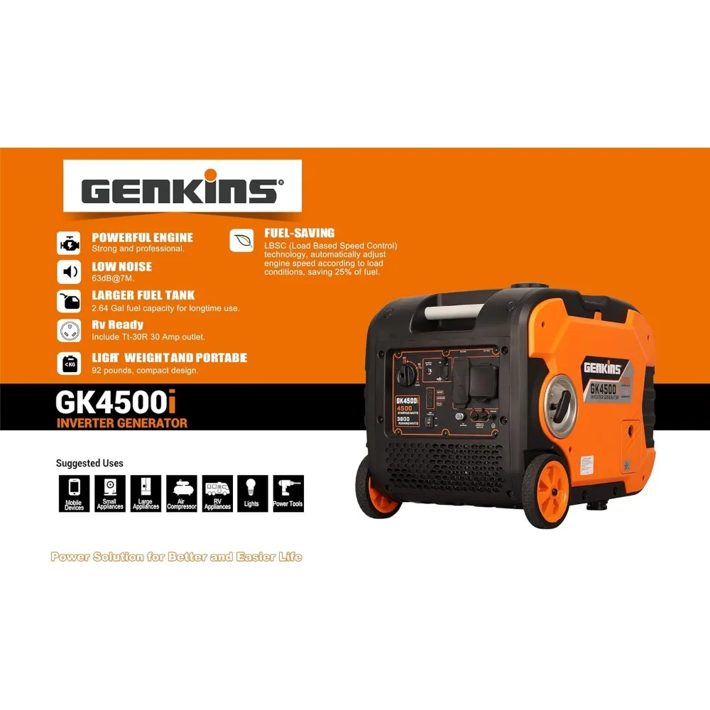 4500 Watt Portable Inverter Generator Gas Powered Ultra Quiet RV Ready Camper Friendly