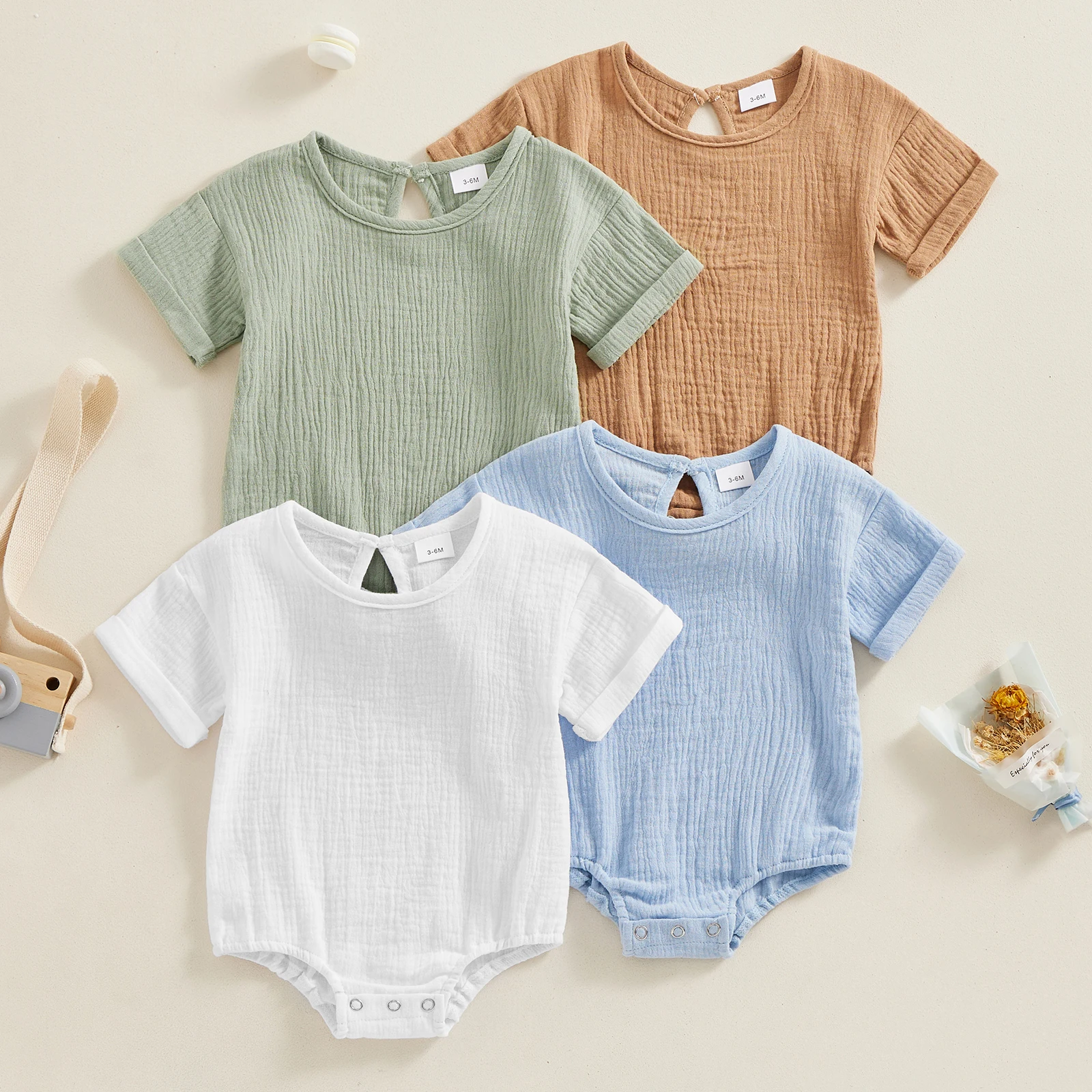 

Baby Bubble Romper Casual Rolled Up Short Sleeve Solid Color Bodysuit Infant Summer Tops