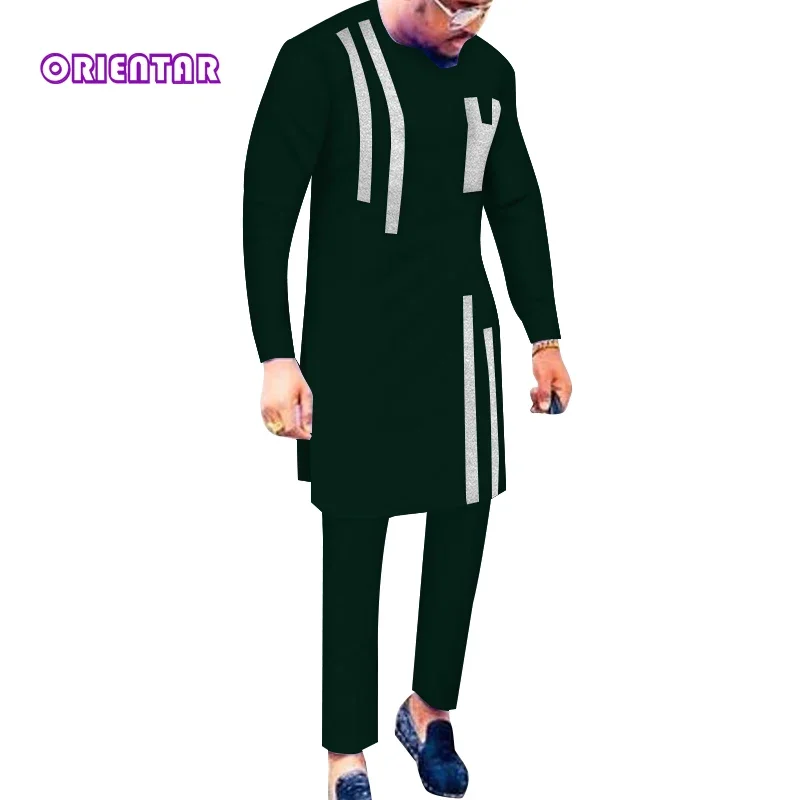 Multi Color Long Sleeve African Men's Suit Top Pants 2 Pieces Set Outfit Men African Clothing Suit Dashiki Shirt Trouser WYN1422
