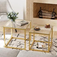 Coffee Table Set of 2, Modern Gold Glass Side Table, Metal Frame Square End Table, Center Tables Nesting Coffee Table. 1