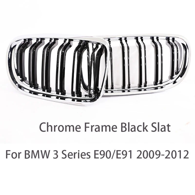 Carbon Fiber Print Grille Kidney Grill - Gloss Black & Chrome Silver Double Slat with M Color Accent