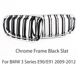Carbon Fiber Print Grille Kidney Grill - Gloss Black & Chrome Silver Double Slat with M Color Accent (Chrome Black)