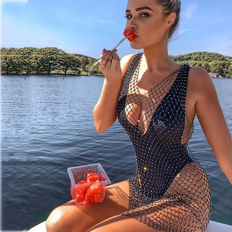 

New Grid Flash DiamonD Fishing Net Strap Sexy PersPective Dress For Women