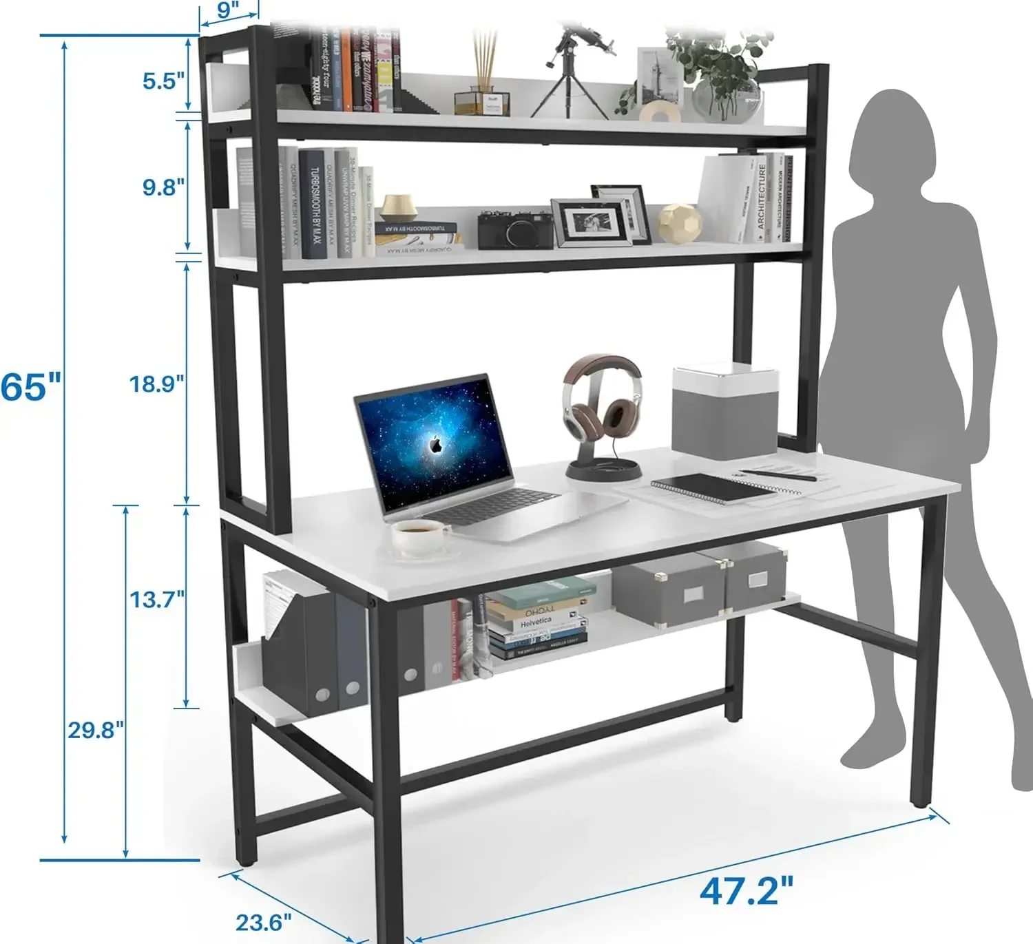 Study Desk for Bedroom, 47" Gaming Desk with Hutch and Bookshelf, White Teen Desk Study Table for Space Saving 2