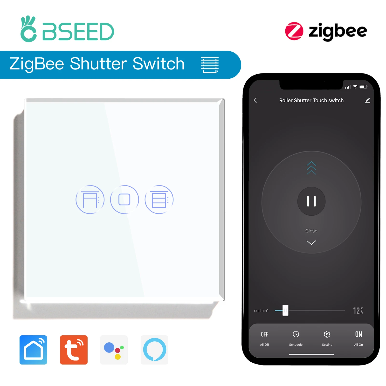 BSEED Zigbee สวิตช์ชัตเตอร์ สวิตช์สัมผัสผนังอัจฉริยะ สวิตช์ลูกกลิ้งอัจฉริยะ Tuya Smart Life APP การควบคุมเสียงของ Google Alexa 1