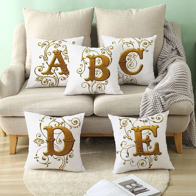 Gold 26 Letters Cushion Cover English Alphabet Throw Pillow Case Letter Print Home Decor Square Pillowcase Sofa Cushion Cover
