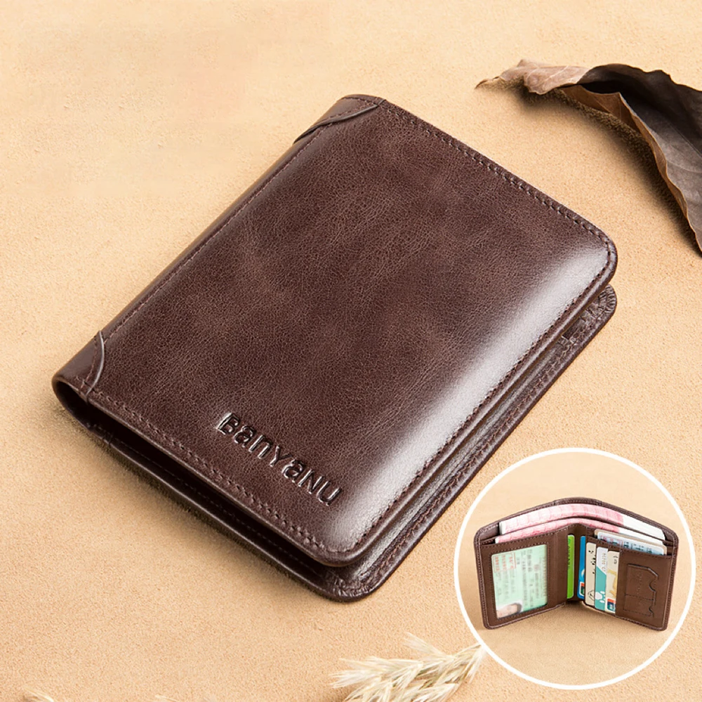 

Genuine Leather Rfid Wallet Men Slim Vertical Wallets Black Thin Short ID Credit Card Holder Minimalist Men's Brown Money Bag