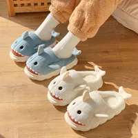 Flat bottomed home shark cotton slippers for indoor autumn and winter, new cartoon cute plush toe cap slippers for women - Image 2