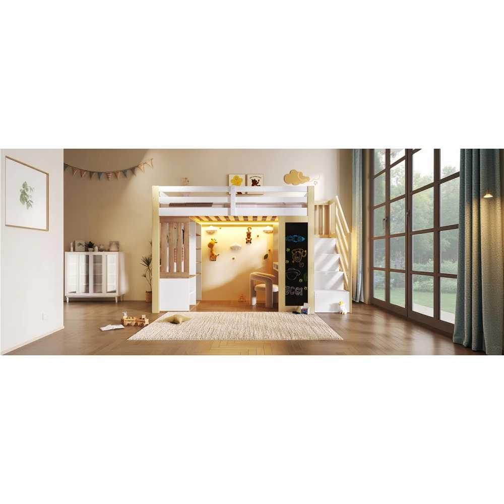 90*200cm Kinderbett mit Schreibtisch, Regalen und Kleiderschrank, Leiter, integrierte LED-Beleuchtung – Multifunktionsbett ohne Matratze – Detail 16