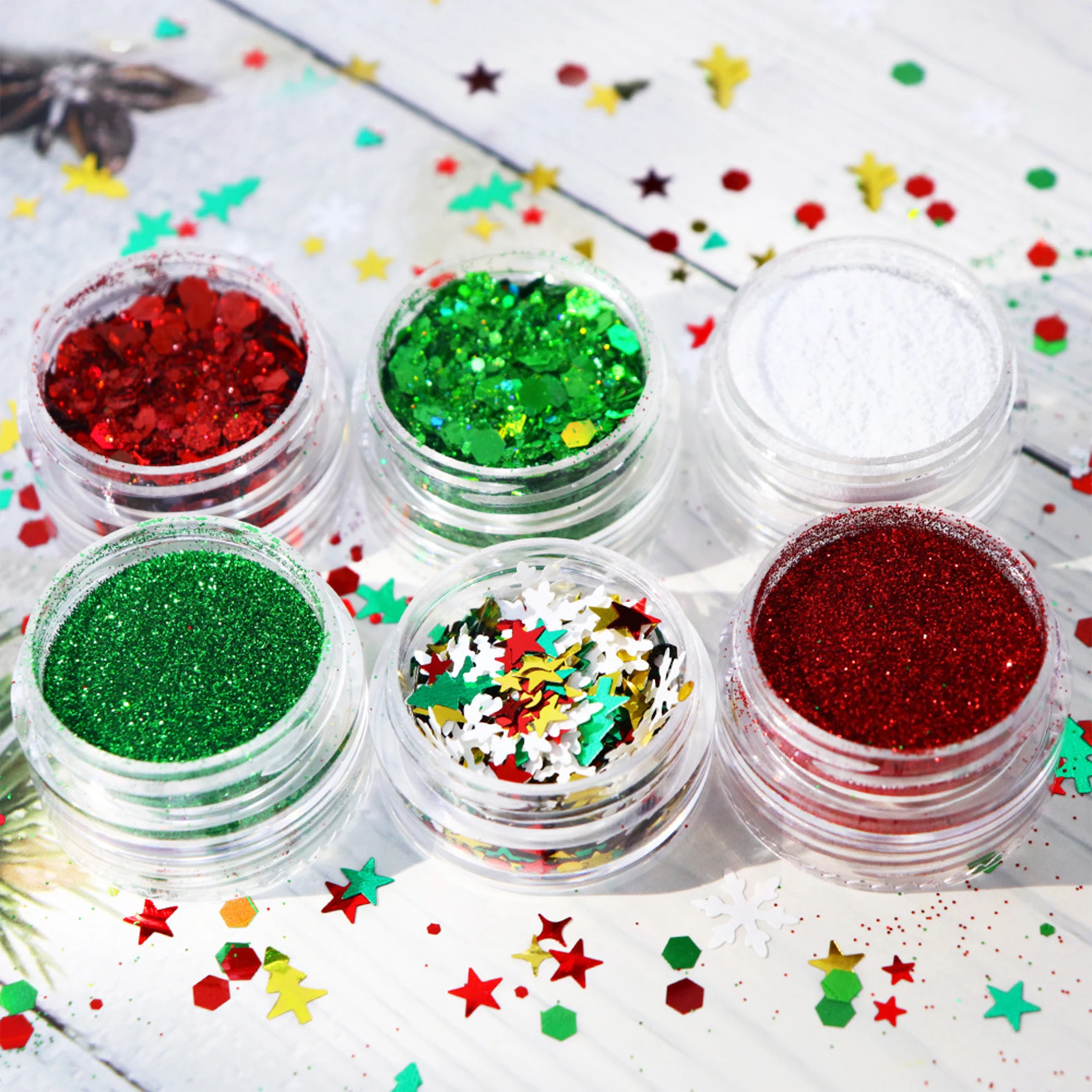 6pcs/set Christmas White Sequins Nail Art Glitter Powder Mermaid Dust Small Flakes Decorations for DIY Nails Glitters nail powder nail glitter nail decoration nail decorations nail flakes nail powder set