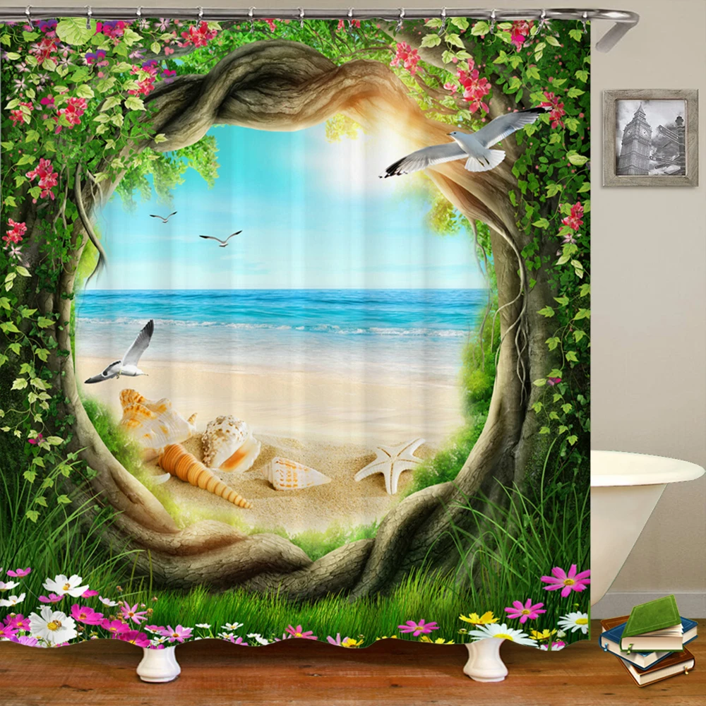 

Sea Beach Scenery Printed Shower Curtain Dream Garden Forest Landscape Waterproof Bathroom Curtain with 12 Hooks Home Decoration