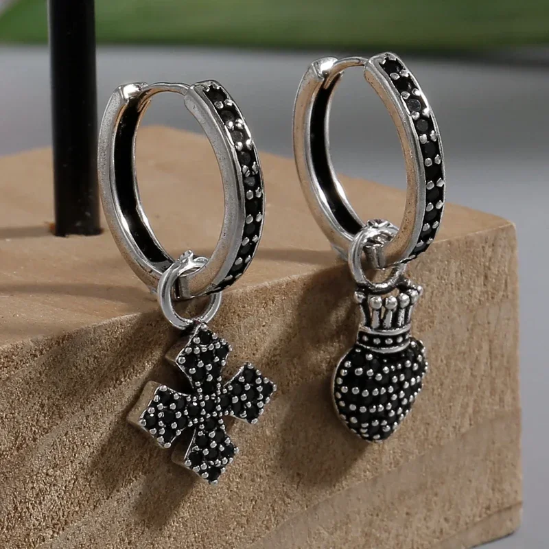 Unique Cross Crown Love Asymmetric Earrings with Male and Female Bands for Simple Personality