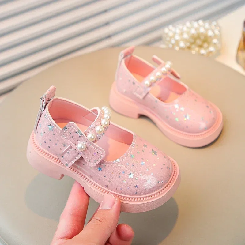 Leather Shoes for Kids Girls Bling All Over Stars Beading Rubber School Dress Shoes