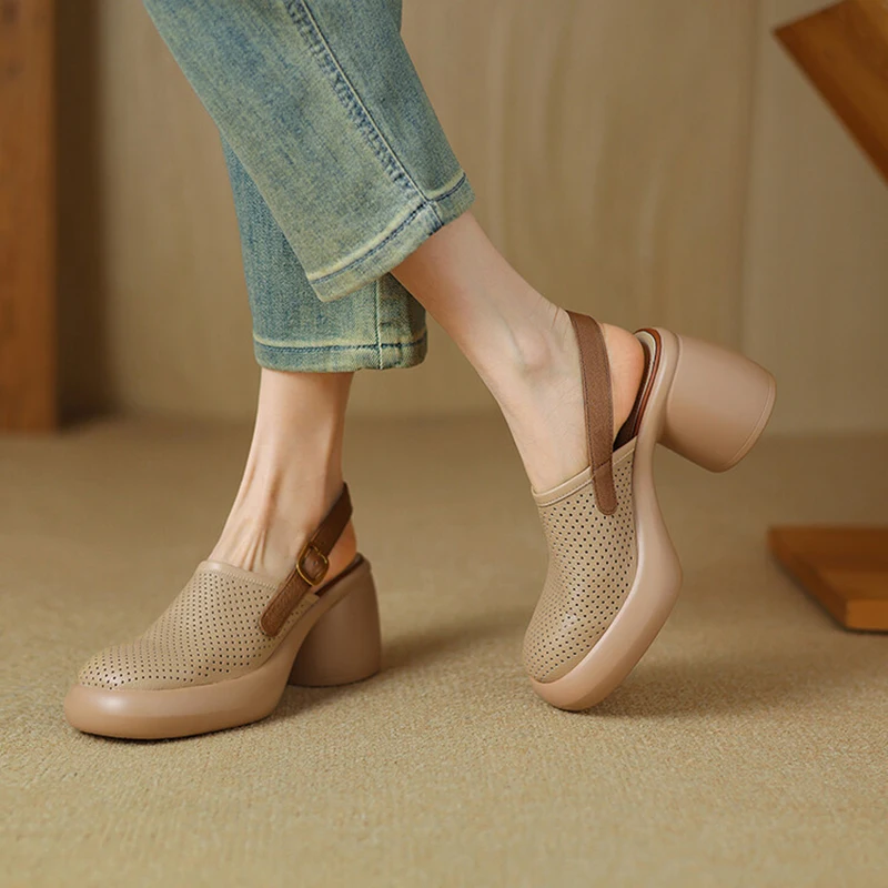 Women Mules Sandals Platform Heels Slingback Shoes Hollow Holes Baotou Fashion Comfortable Non-slip Sandals Female Size 35-40