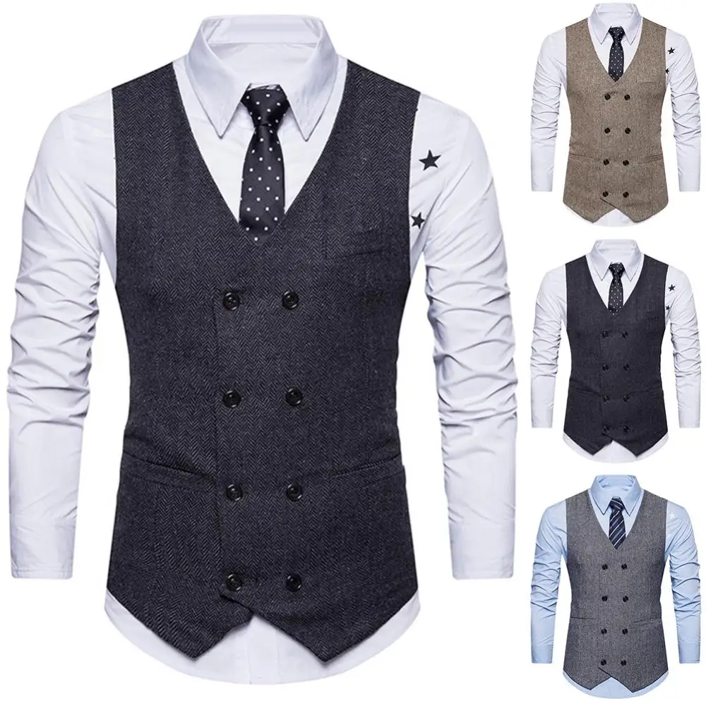 Men's Suit Vest Solid Color Dress Vest Male Double Breasted Waistcoat Slim Fit Formal Sleeveless Men's Vests Plus Size 2XL