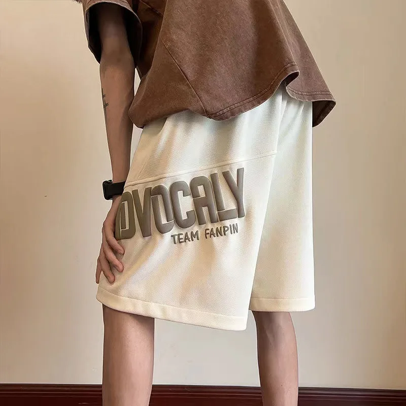 Men's Summer Shorts Loose Versatile Large Size Sports Letter Print Elastic Waist Knee Length Couple Casual Pants Wide Shorts