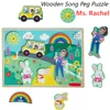 Wooden Song Peg Puzzle 6pc Wooden Ms Rachel Cartoon Scene Puzzles with Songs Musical Puzzle Toy Peg Puzzles Board for Kids 2-6Y 1