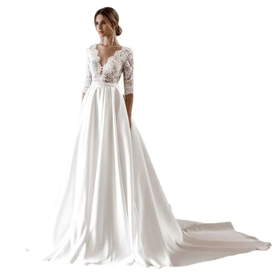 Elegant Deep V-Neck Satin Lace Button Wedding Dresses For Woman 2024 Ball Gown Court Train Bridal Gowns vestidos de novia