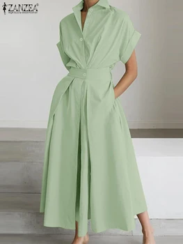 Women Summer OL Work Dress ZANZEA Elegant Short Sleeve Office Sundress Casual Solid A Line Buttons Holiday Vestidos Kaftan Robe 2