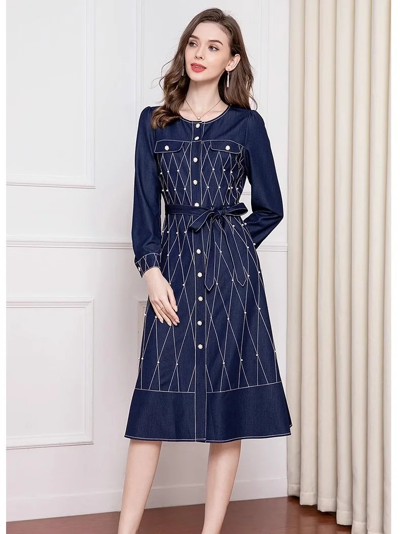 

High Quality Brand New Denim Dress 2024 Spring Fashionable Women Lurex Embroidery Beading Deco Long Sleeve Blue Jeans Dress 4xl