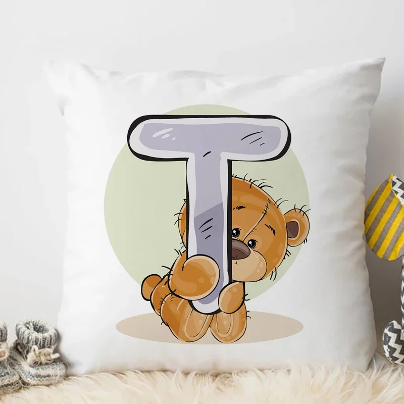 Cushion Cover Cute Cartoon Animal Water Color Q-Z English Letter Print for Children Room Soft 45x45cm
