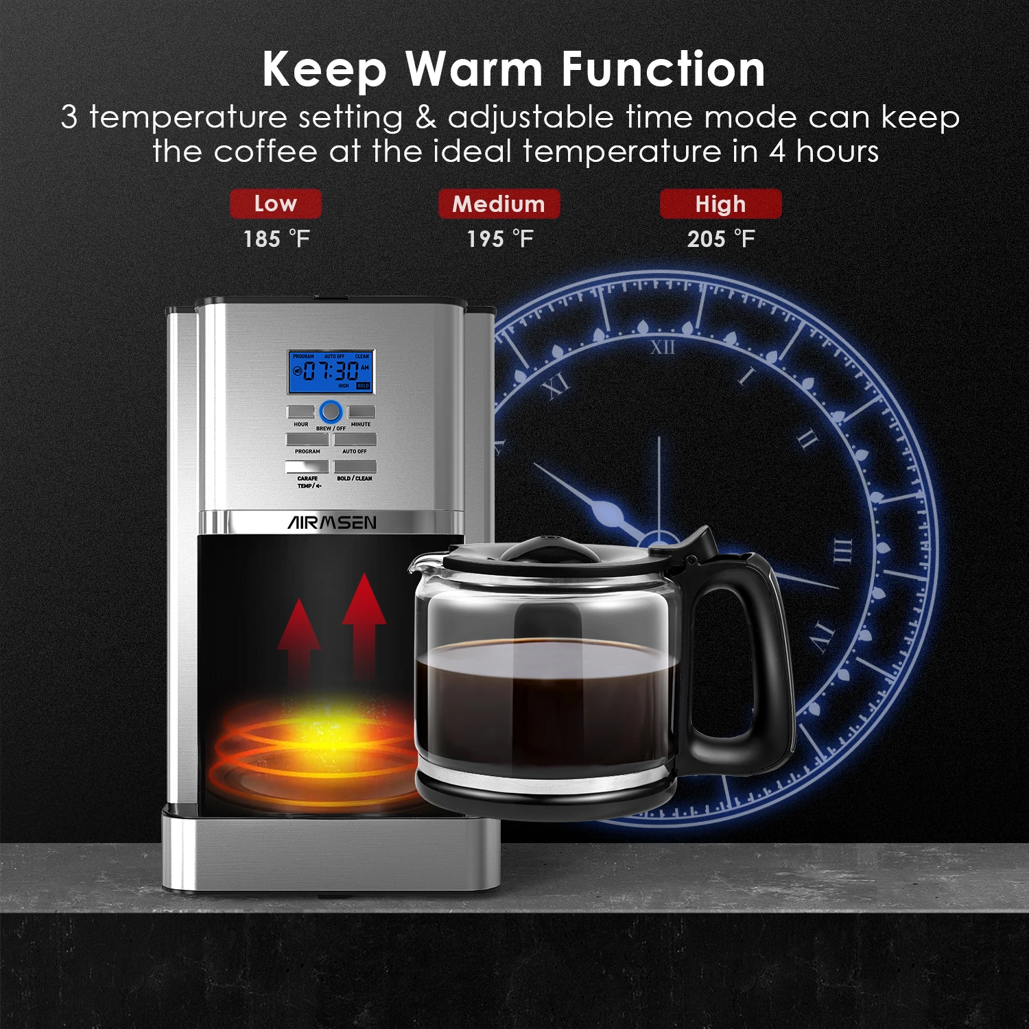 AIRMSEN Stainless Steel 12 Cup Drip Coffee Maker, Programmable Coffee Machine Self-Cleaning 4