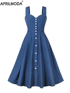 Polka Dot Print Sleeveless Vintage Casual Women's Dress 50s 60s Spaghetti Straps Sexy Holiday Blue Short Party Runway Dresses