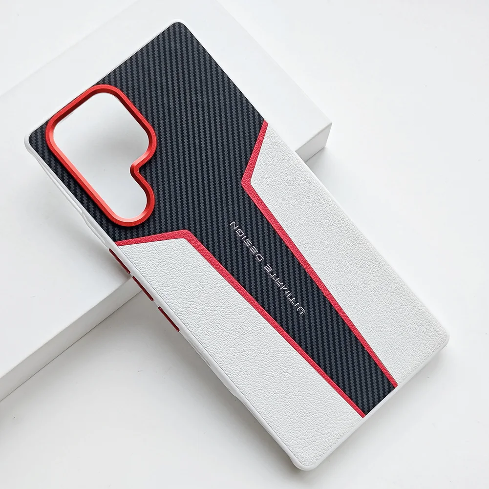 Enhanced Red Spliced Carbon Fiber Leather Phone Case with Camera Protection