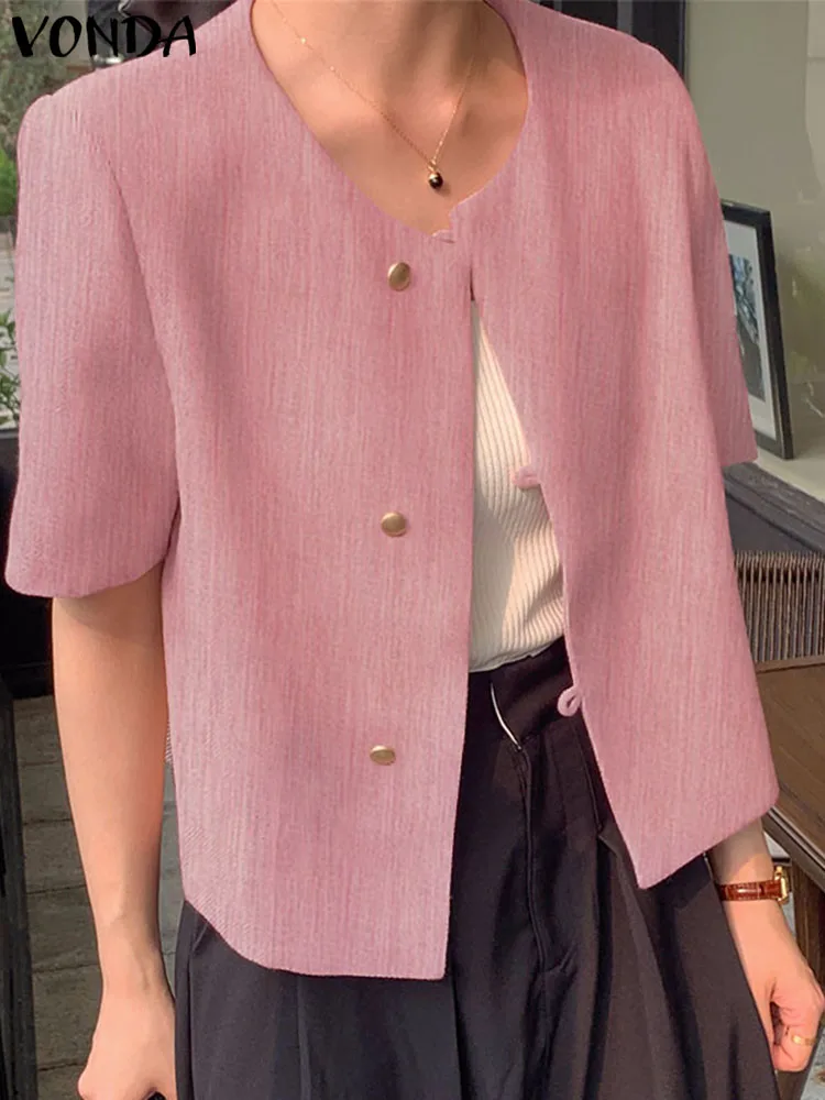 

Elegant Blazer Women Short Sleeve Coats VONDA 2023 Summer Round Neck Fashion Casual Solid Color Buttons Thin Coats Loose Outwear