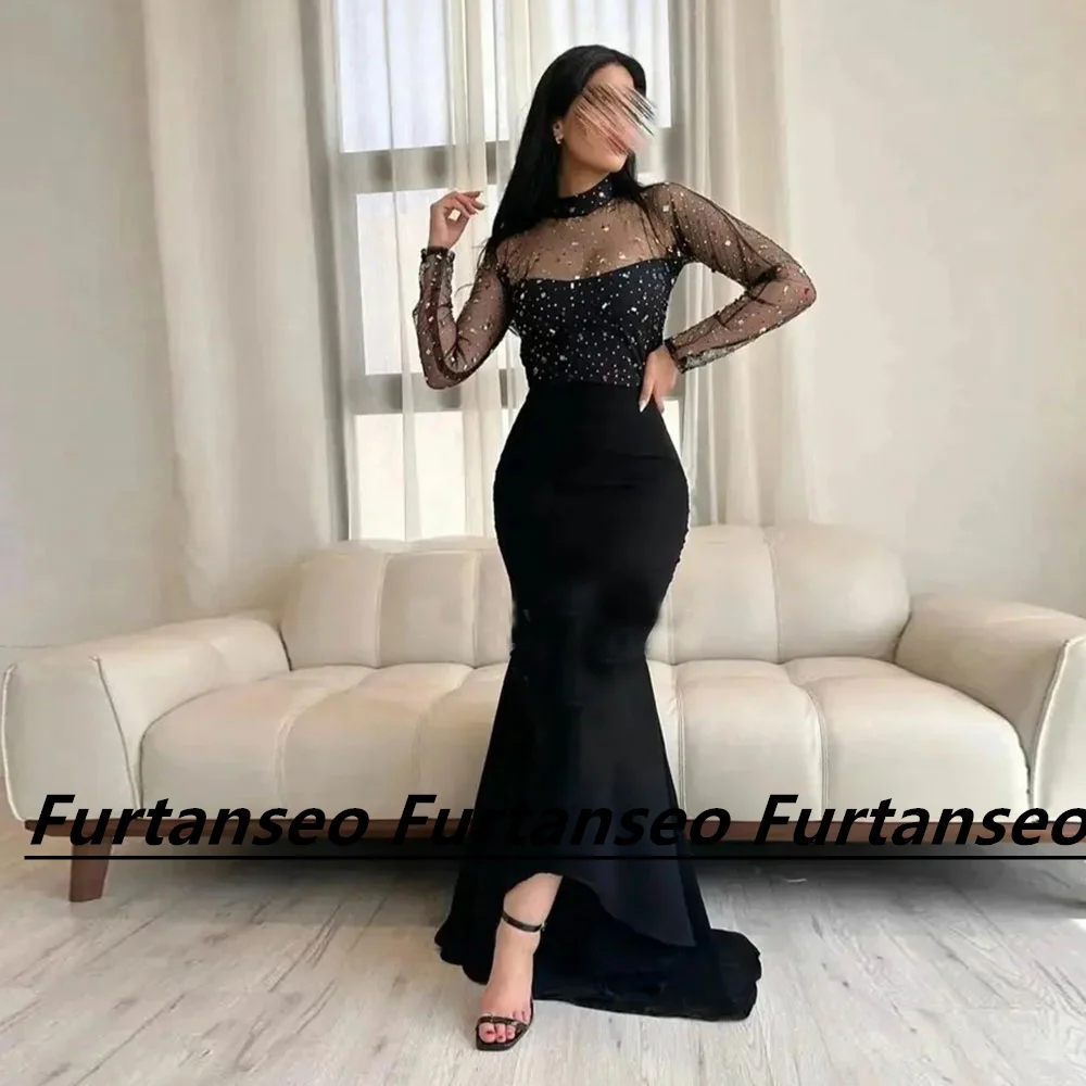 

Elegant Mermaid Evening Gown Long Sleeve High Neck Vestidos De Gala Glitter Draped Formal Occasion Para Mujer
