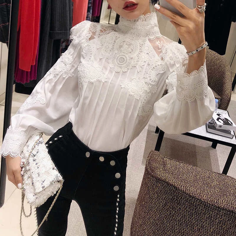 TWOTWINSTYLE Mesh Lace Patchwork Shirt Female Stand Collar Lantern Sleeve Woman Blouses 2019 Autumn Korean Fashion Clothing New (4).jpg_.webp