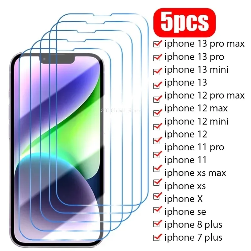 

5Pcs 9H Tempered Glass For iPhone 14 15 Pro Max 13 12 Mini 11 Pro Screen Protector For iPhone 14 8 7Plus XR XS Max Glass