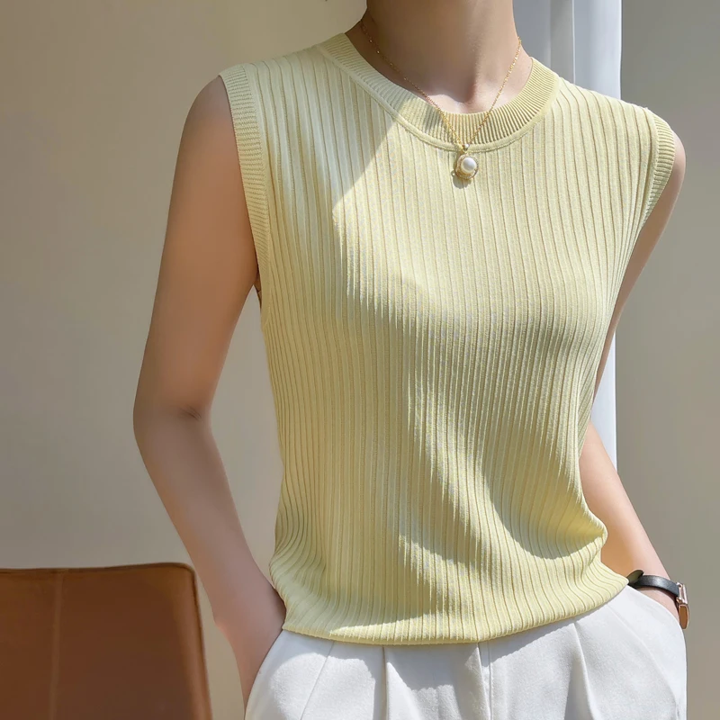 

Suspender Vest For Women's Summer New Versatile Ice Silk Fabric For Inner and Outer wear Round Neck Sleeveless Knit Bottom Shirt